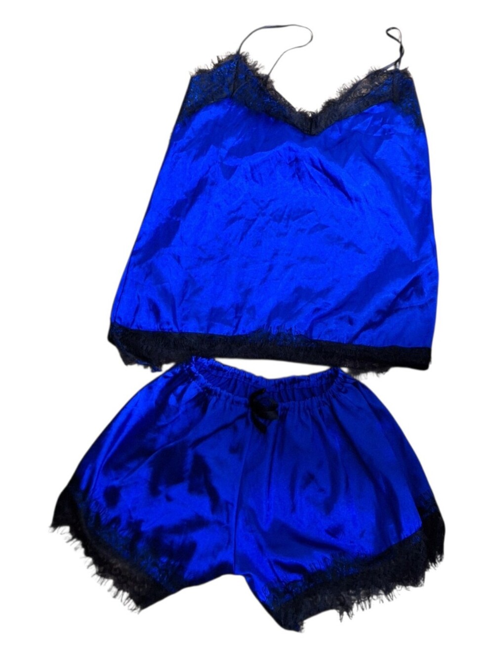 Royal Blue Satin Lace Trim Pajama Set • Cami & Shorts • Approx M • No Tag